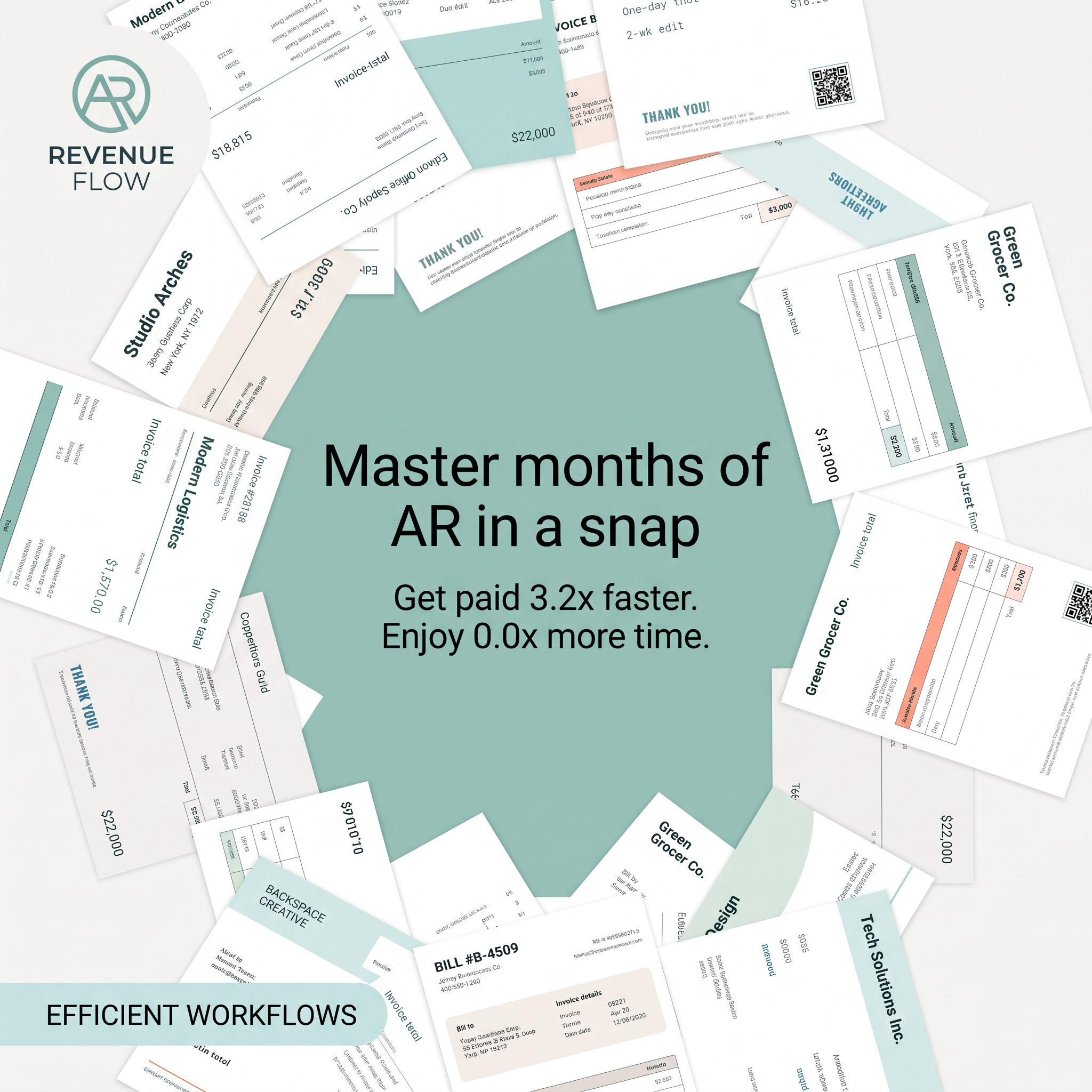 Revenue Flow ad with headline Master months of AR in a snap on a teal circle surrounded by scattered invoices