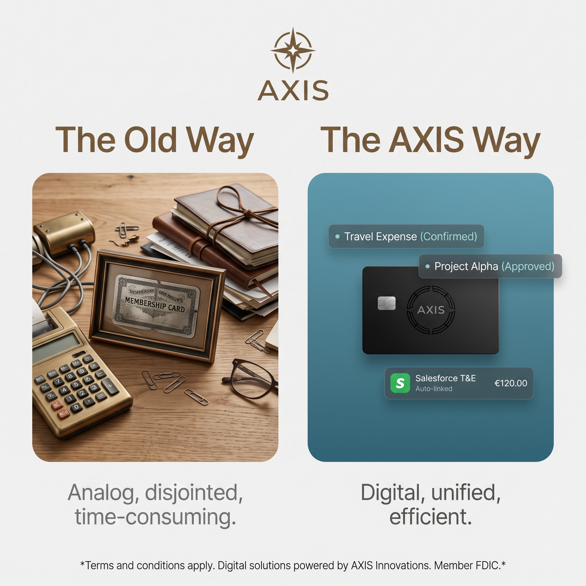 AXIS comparison ad: vintage calculator and ledgers on the left, black AXIS card with approved expense tags on the right