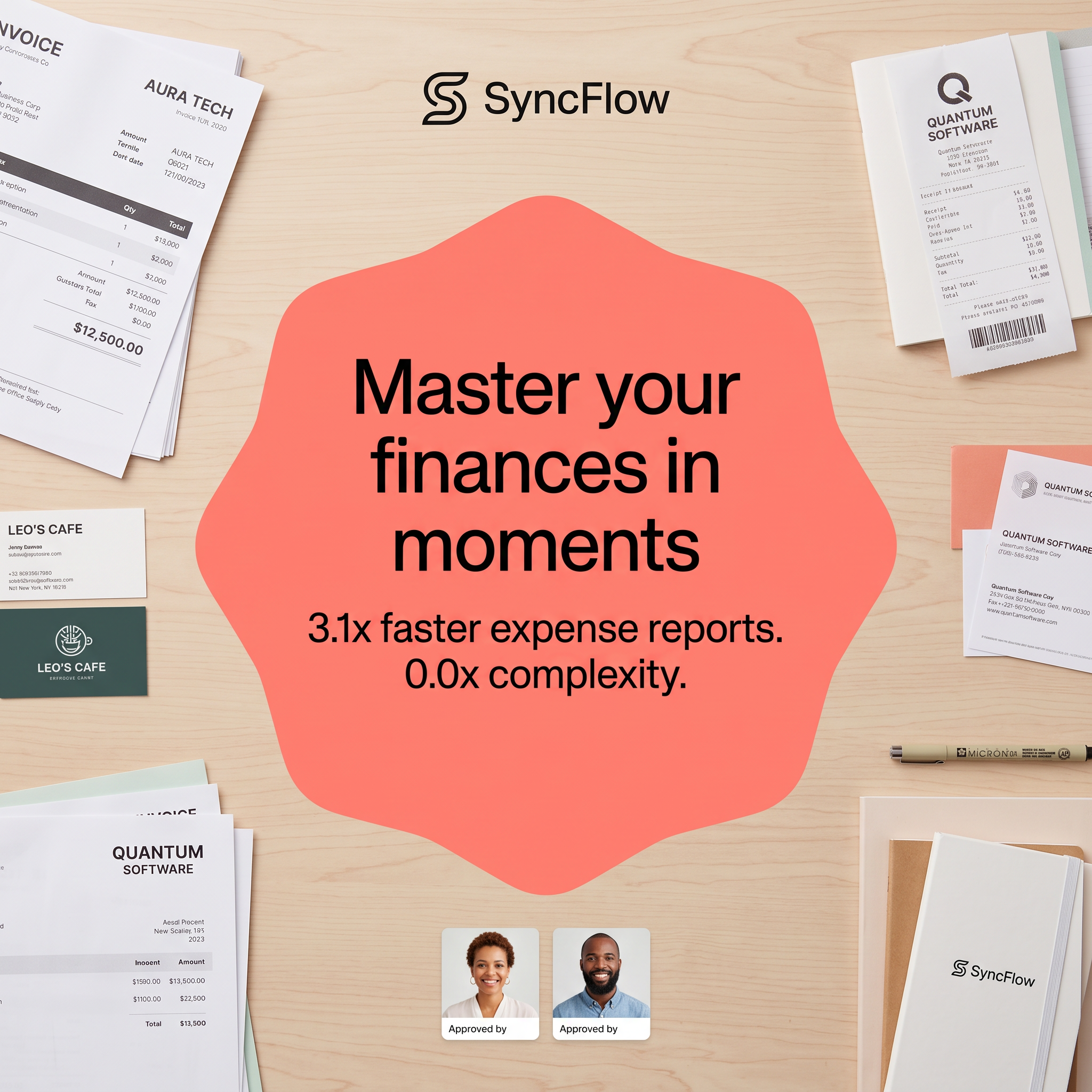 SyncFlow ad with coral badge reading Master your finances in moments on a wooden desk covered in invoices and receipts