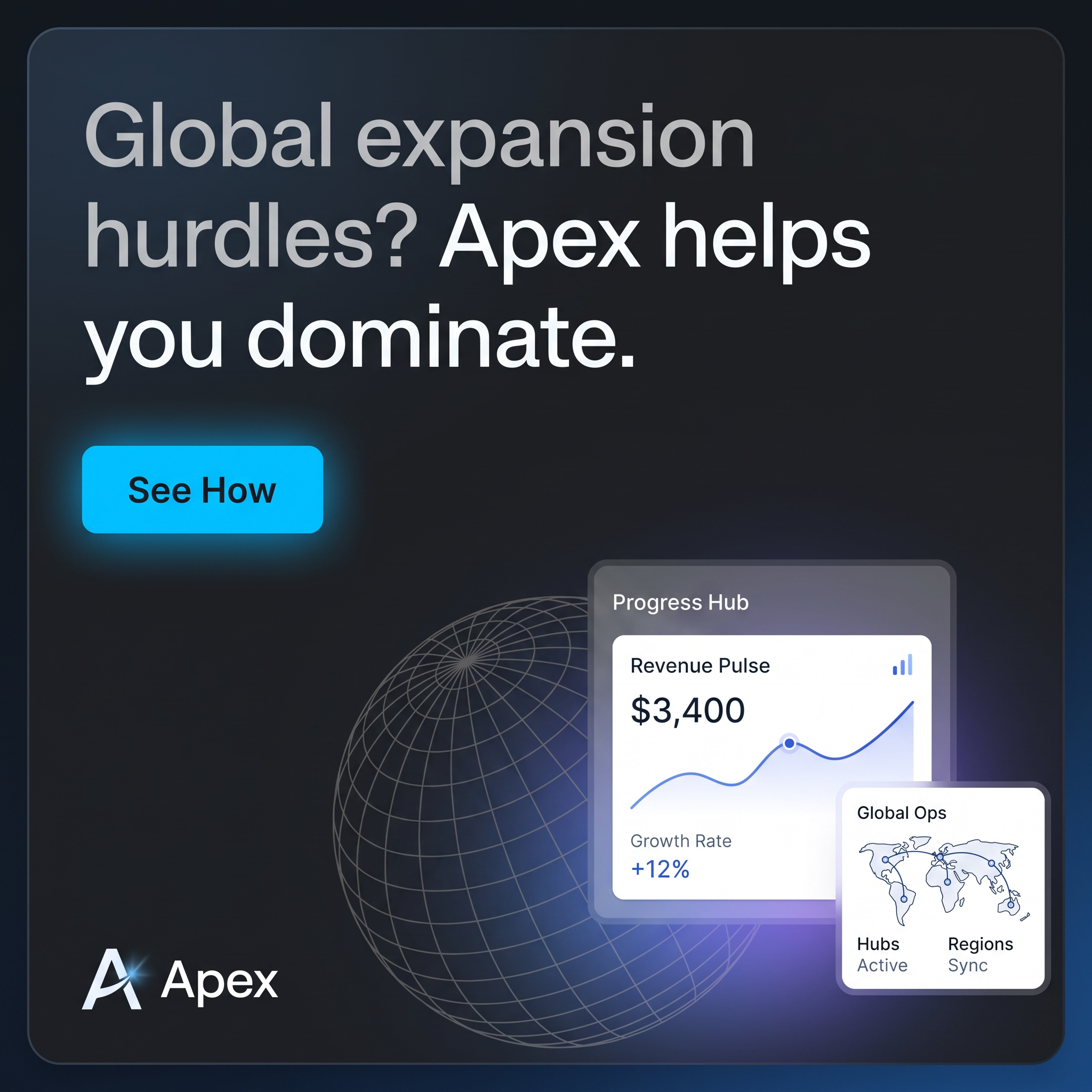 Dark SaaS ad with a global expansion headline, cyan See How button, wireframe globe and revenue dashboard cards