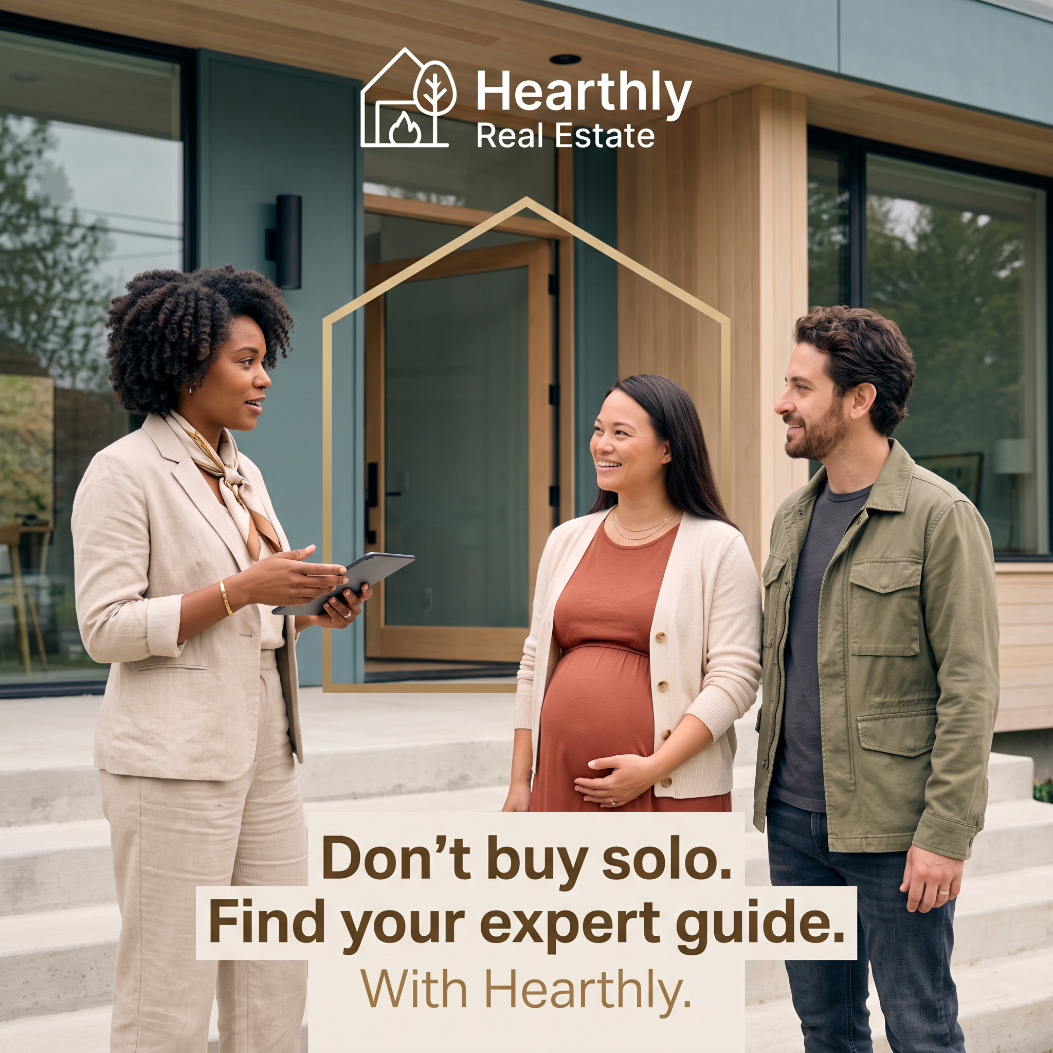 Real estate agent with a tablet talking to a smiling expecting couple in front of a modern wooden house