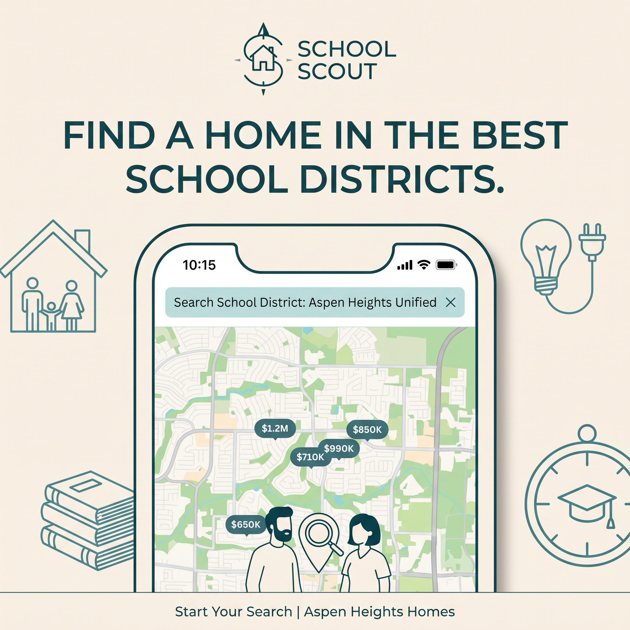 Phone with a school district search and home price pins on a map, framed by line icons of a house and books
