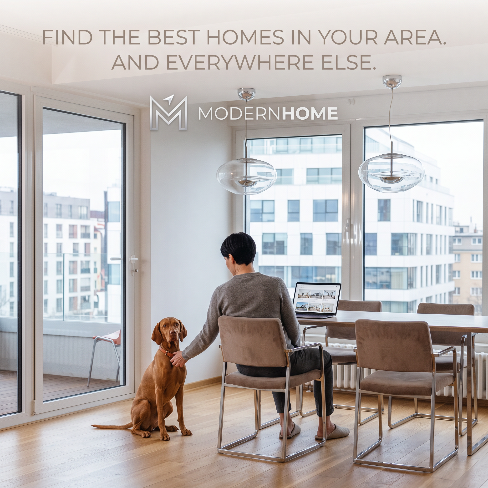 Person at a dining table browsing home listings on a laptop while petting a brown dog in a bright modern apartment
