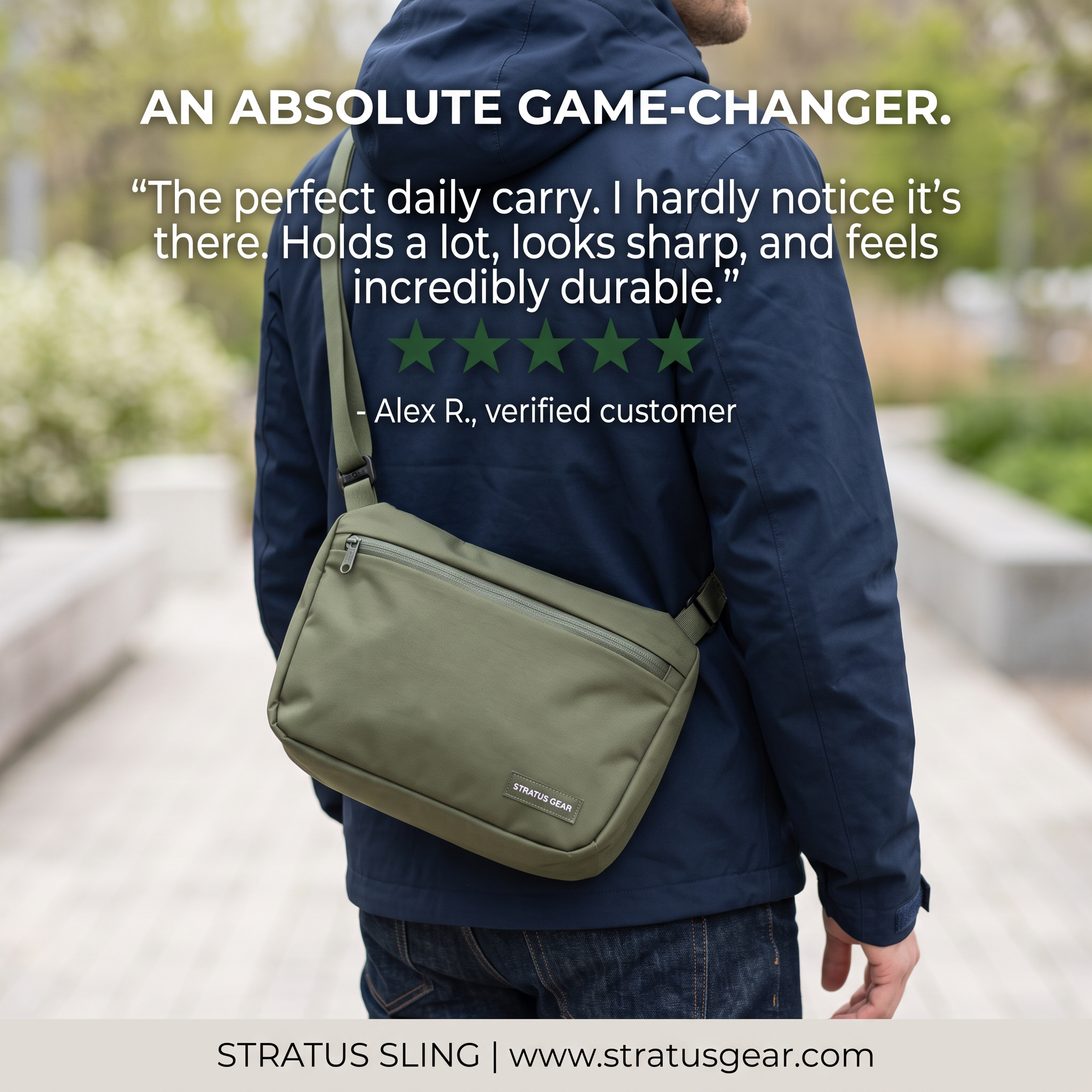 Man in a navy jacket wearing an olive green sling bag outdoors, with a five-star customer review quote overlaid