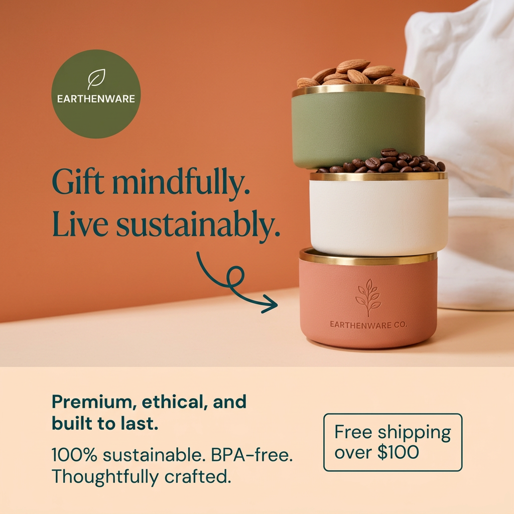 Three stacked green, cream and terracotta canisters with gold rims holding almonds and coffee beans on an orange background