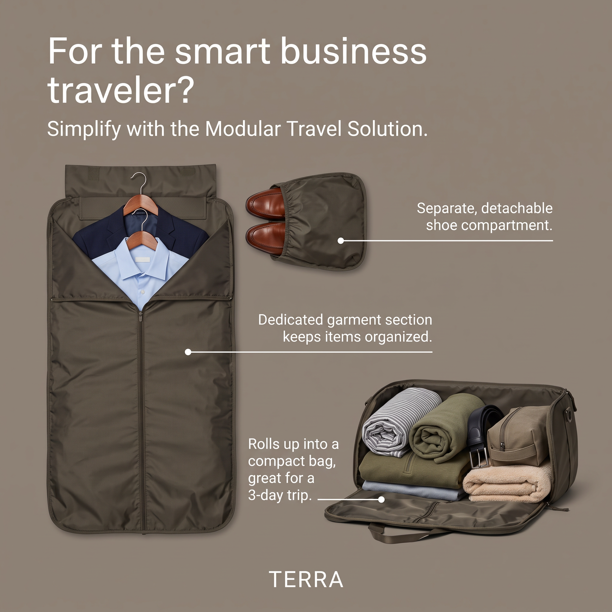 Olive garment bag with suit and shirt, detachable shoe pouch with brown shoes and a packed duffel, each with a label