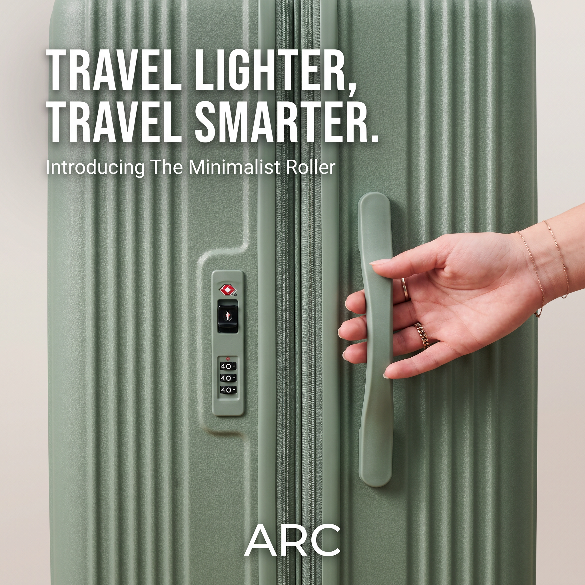 Close-up of a sage green ribbed hard-shell suitcase with a TSA combination lock and a woman's hand reaching for the handle