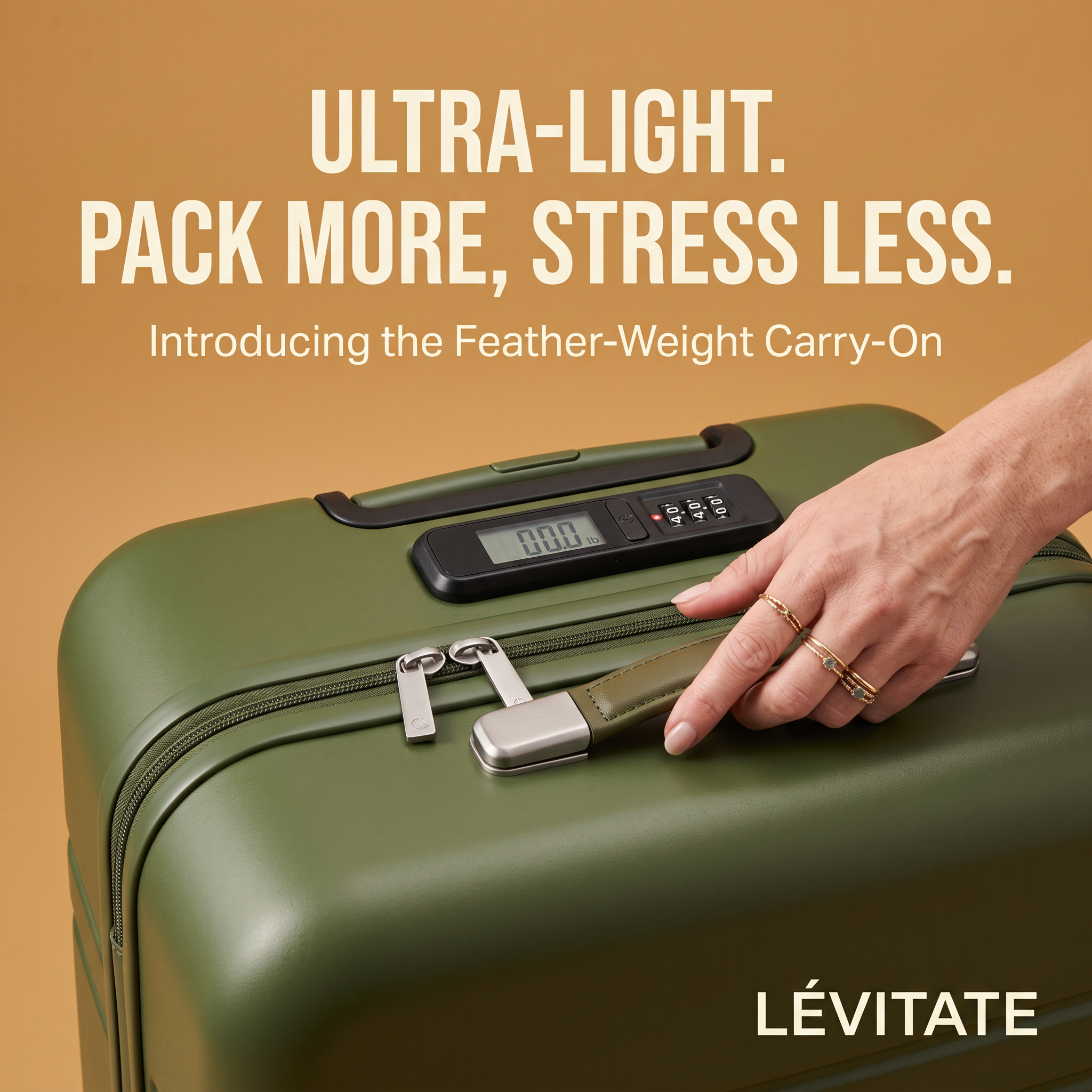 Olive green carry-on suitcase with a built-in digital scale reading 00.0 lb and a hand with gold rings on an ochre background