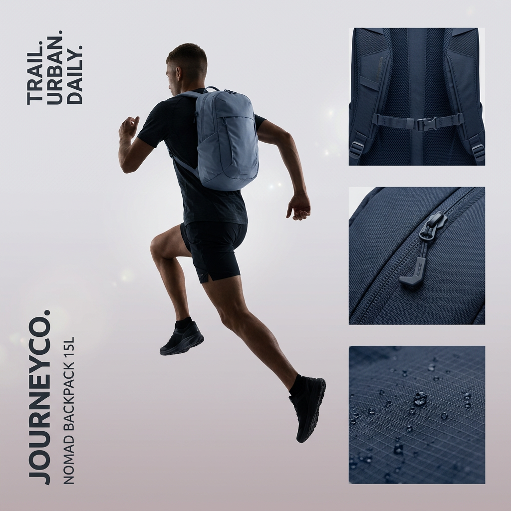 Runner mid-stride wearing a blue 15L backpack, with close-ups of chest strap, zipper and water drops on ripstop fabric