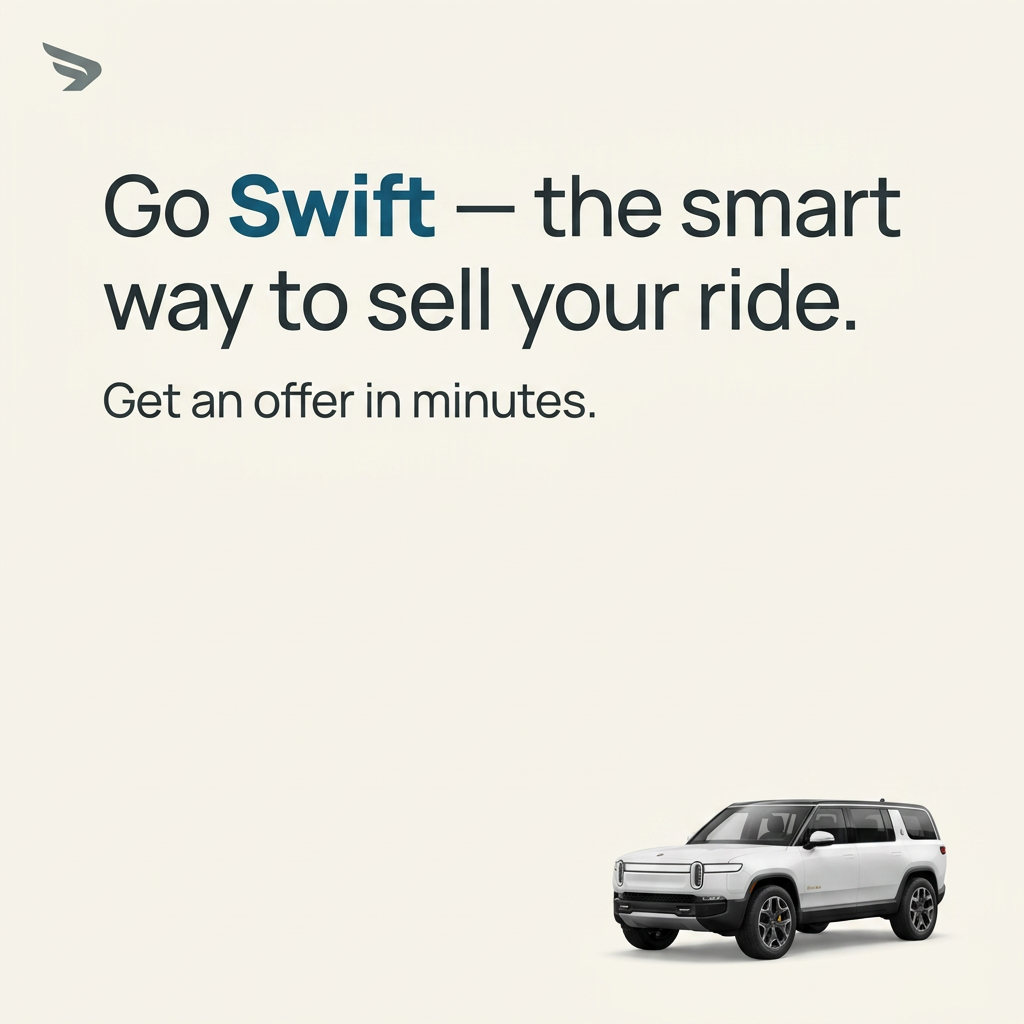 Minimal cream ad with the headline Go Swift, the smart way to sell your ride, and a small white electric SUV in the corner