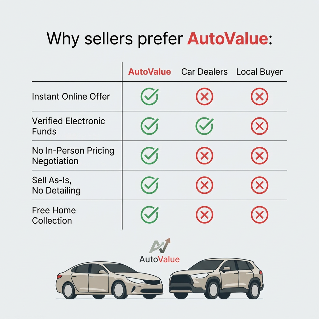 AutoValue vs car dealers vs local buyer comparison table with green checks and red crosses, two beige cars below