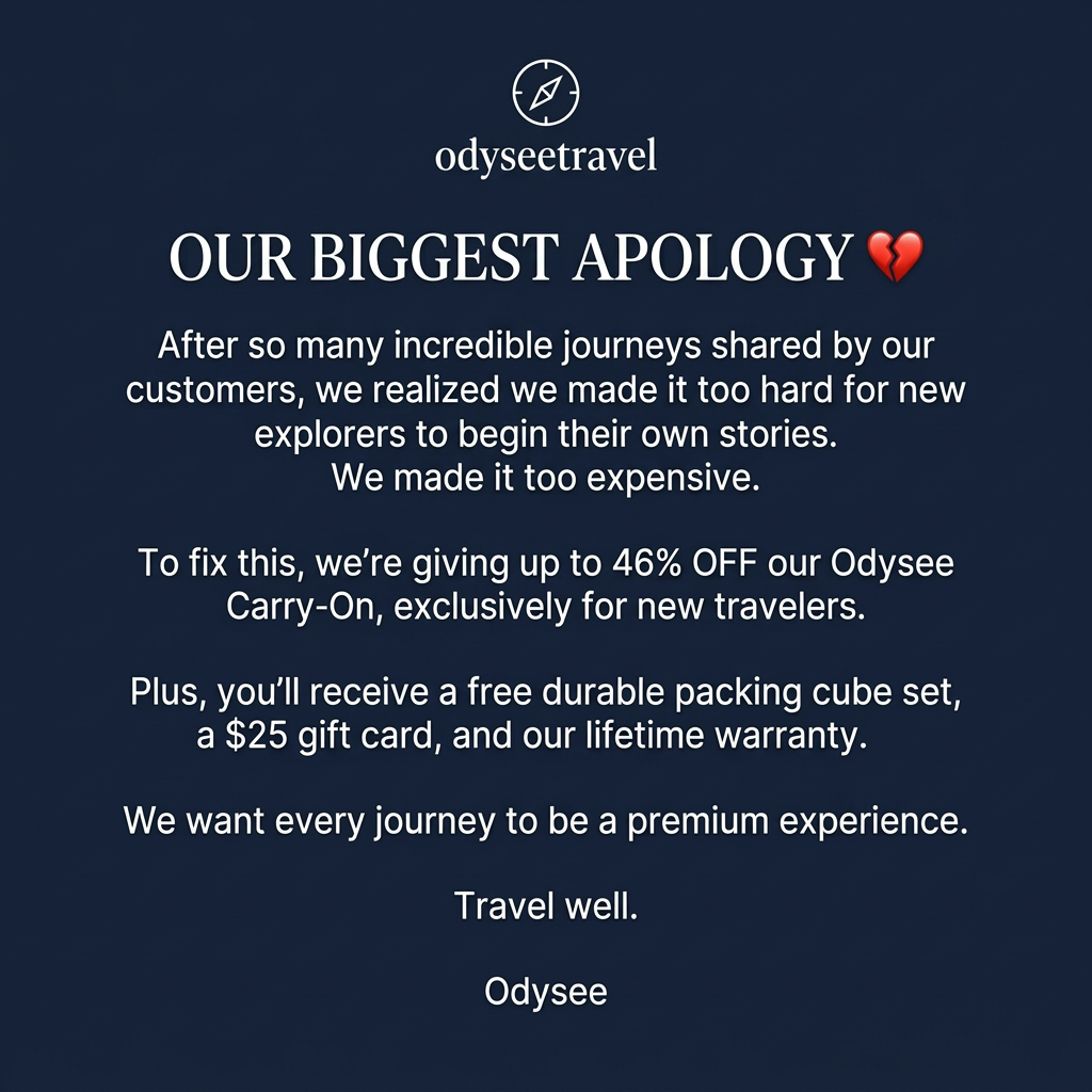Navy text-only ad with compass logo and apology headline offering 46% off a carry-on suitcase plus free packing cubes