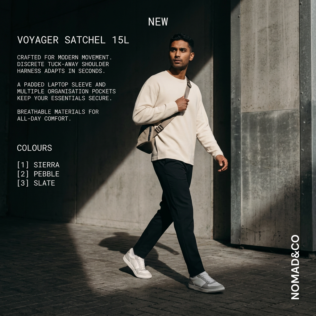 Man in cream sweater walking past concrete wall with a beige sling bag, monospaced product specs and colour list on the left