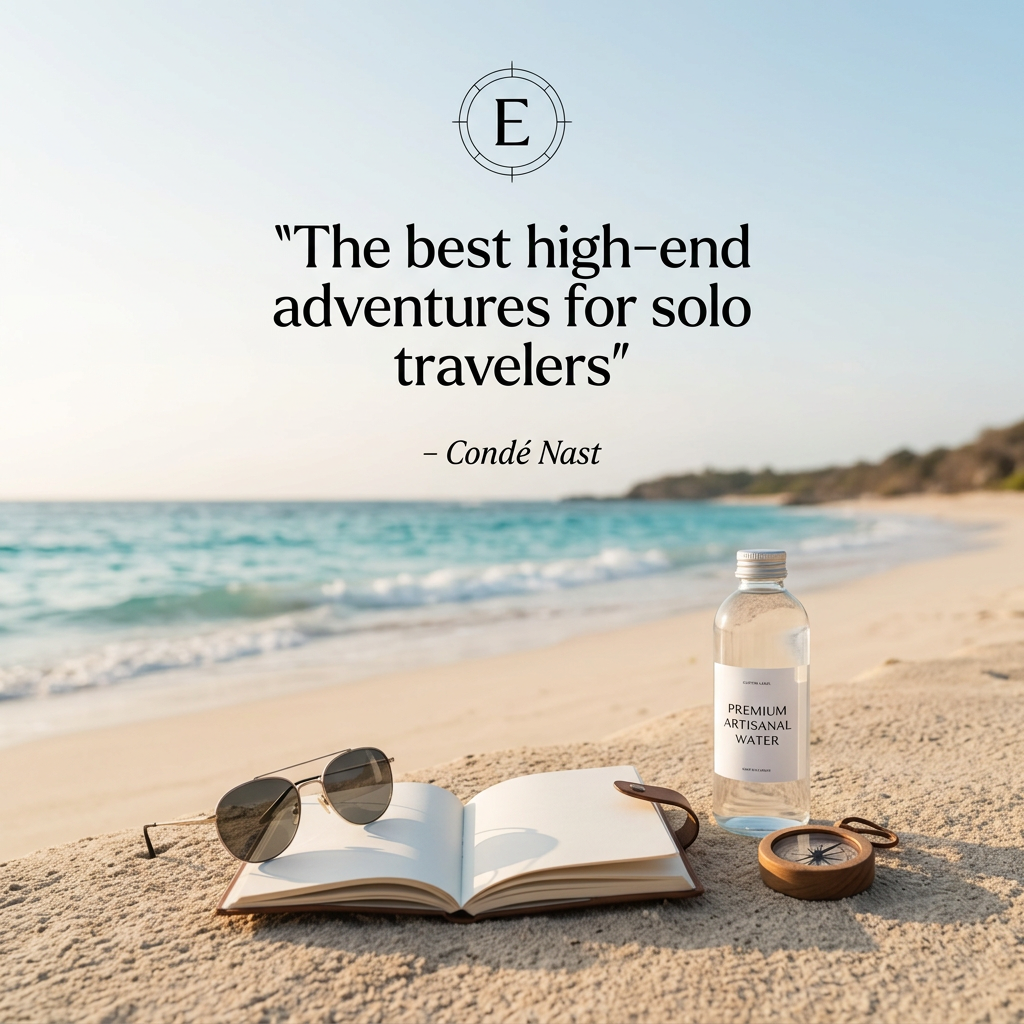 Beach with turquoise sea, open notebook, sunglasses, compass and water bottle beneath a solo travel press quote