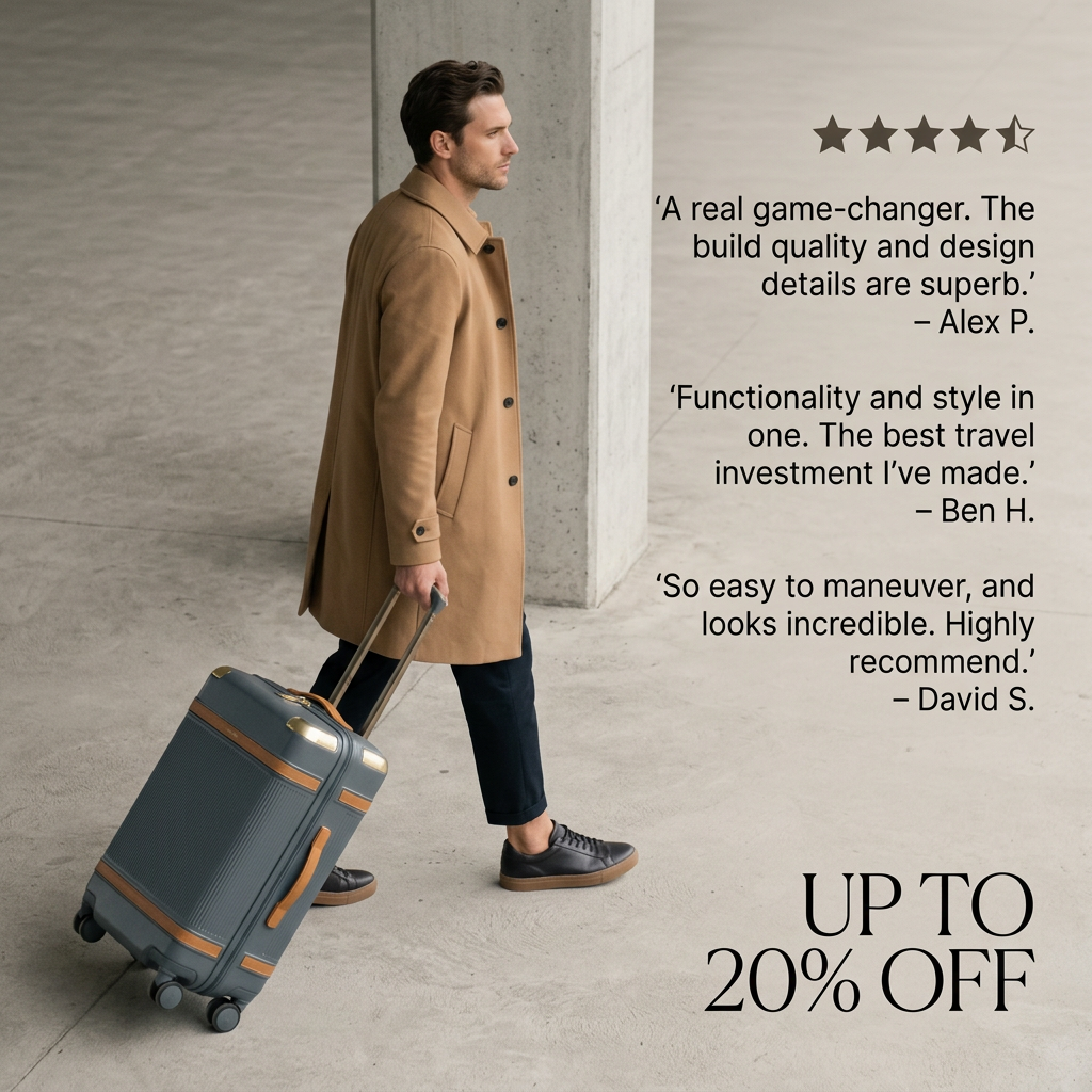 Man in camel coat pulling a grey hard-shell suitcase with tan trim next to star rating, three reviews and 20% off text