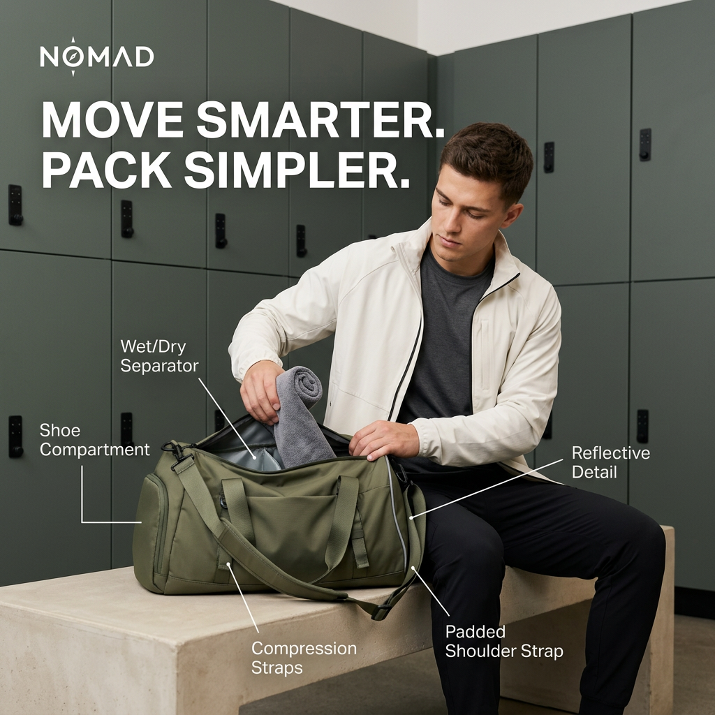 Man in a locker room packing an olive gym duffel with labelled callouts for shoe compartment, wet dry separator and straps