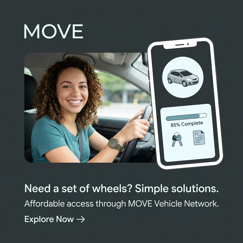 Smiling woman driving a car next to a phone mockup showing car icon, progress bar, keys and document on dark background