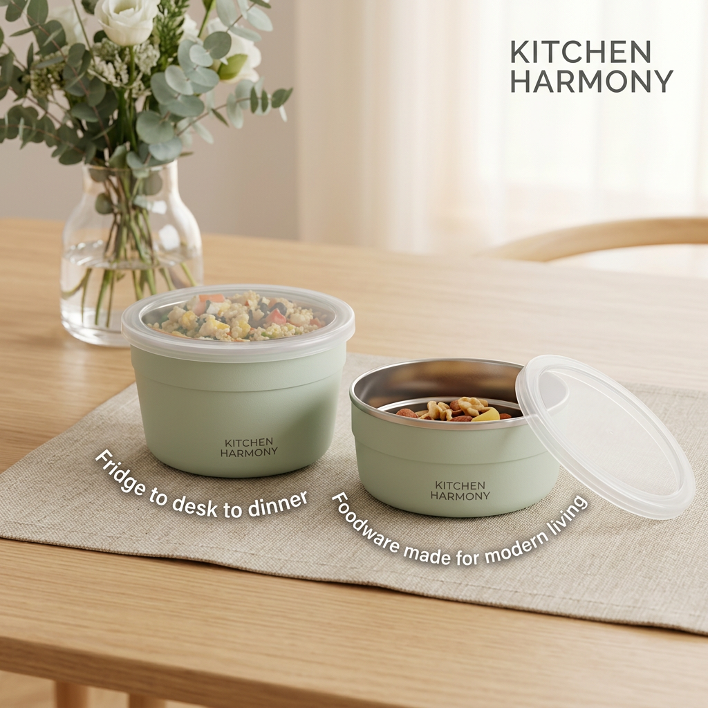 Two sage green food containers with clear lids, grain salad and nuts, on a wooden table with eucalyptus vase