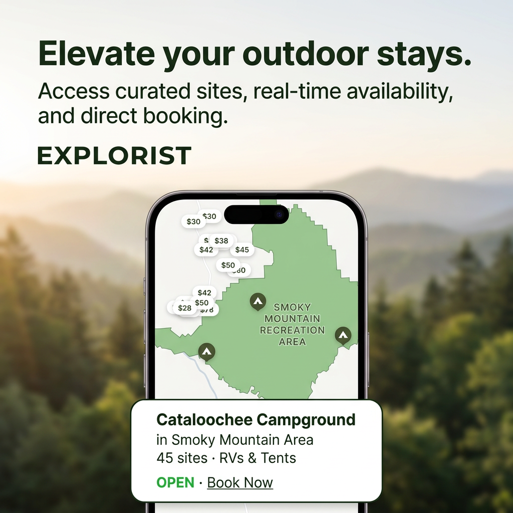 Phone showing a campsite map with prices and a Cataloochee Campground booking card over a misty forest