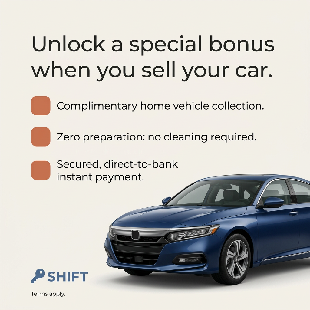 Blue sedan on a cream background with the headline Unlock a special bonus when you sell your car and three benefit bullets