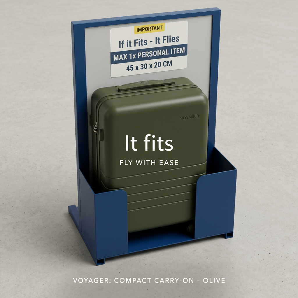 Olive compact suitcase fitting inside a blue airline bag sizer labelled 45 x 30 x 20 cm with the text It fits