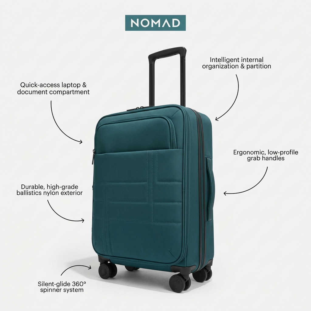 Teal softside carry-on suitcase on white with five curved arrows labelling pocket, nylon, handles, organisation, wheels