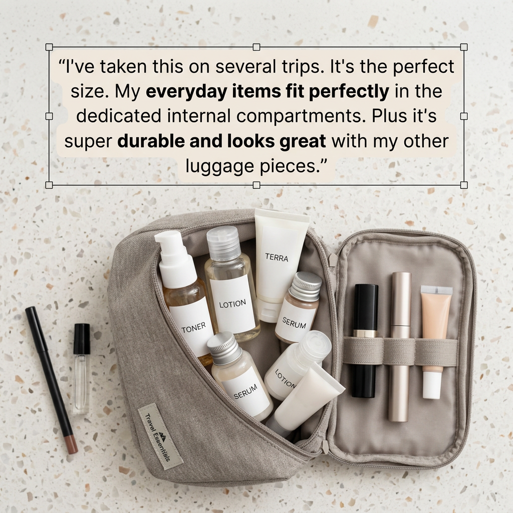 Open grey toiletry bag with skincare minis and makeup on terrazzo, under a customer review quote in a text box