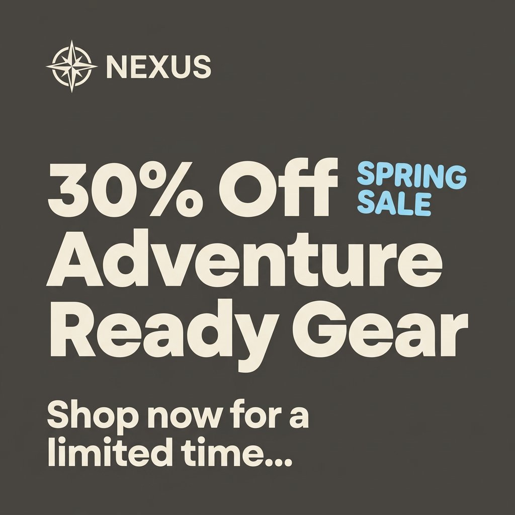 Charcoal background with large cream text 30% Off Adventure Ready Gear and a light blue Spring Sale label
