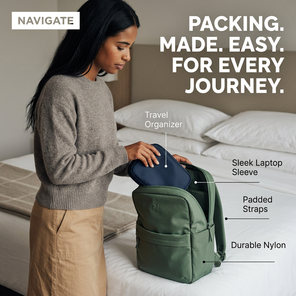 Woman packing a navy organiser into a green backpack on a hotel bed with labels for laptop sleeve, straps and nylon