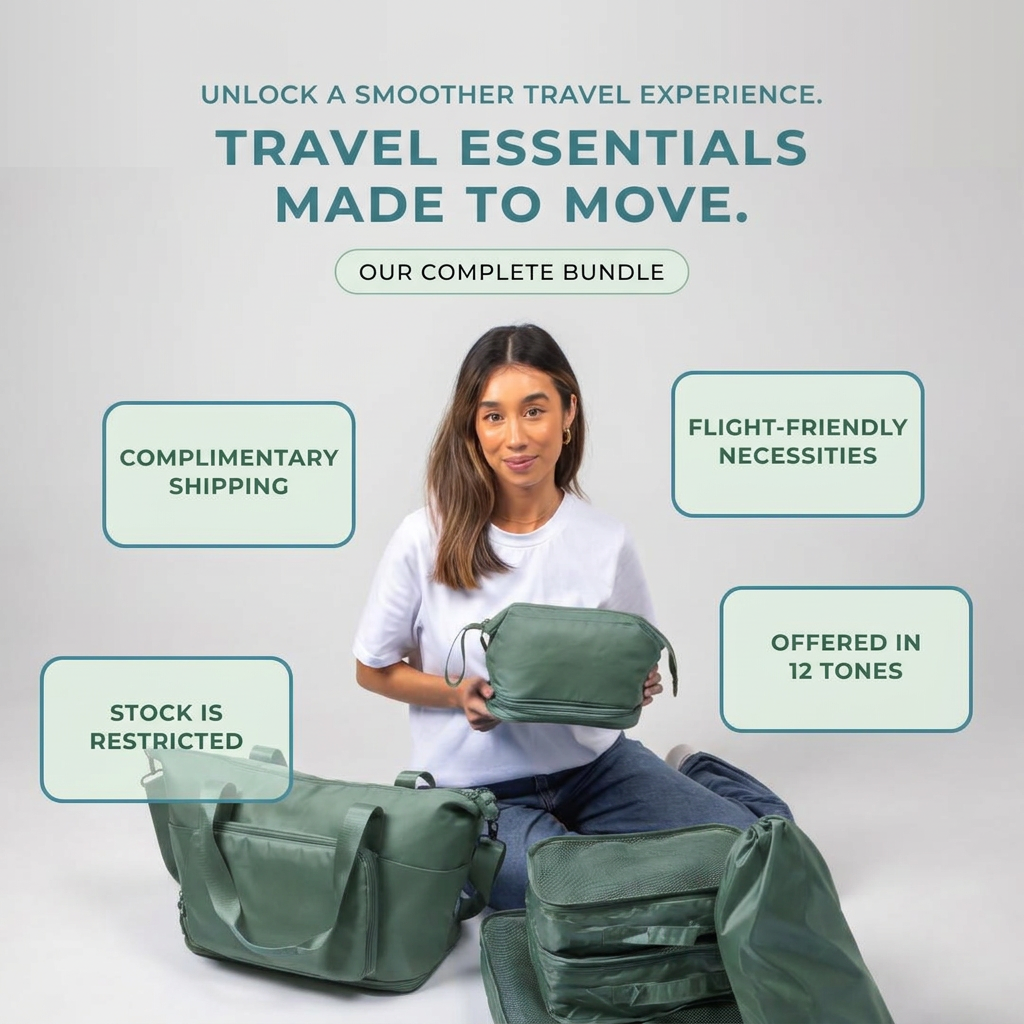 Woman holding a green toiletry bag surrounded by a matching weekender and packing cubes with four mint callout boxes
