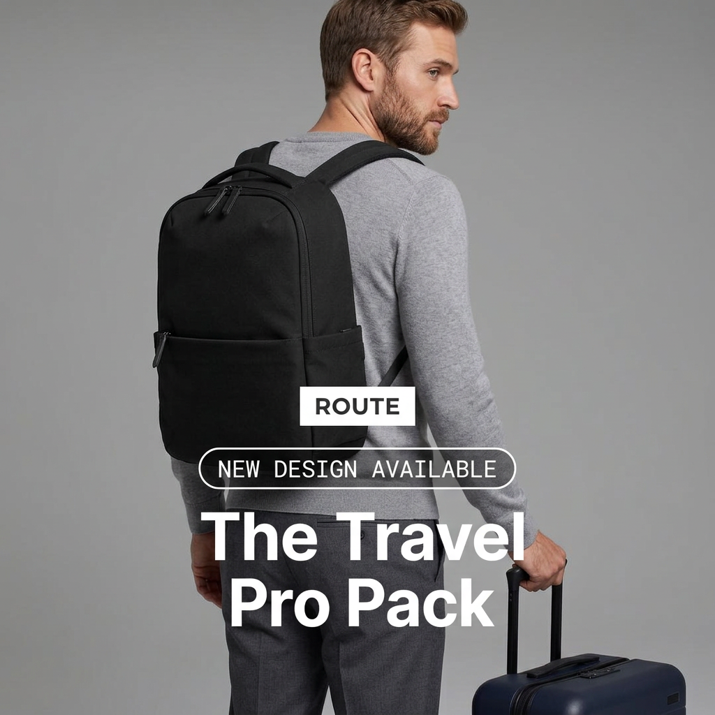 Man in a grey sweater wearing a black backpack and holding a navy suitcase, with text The Travel Pro Pack