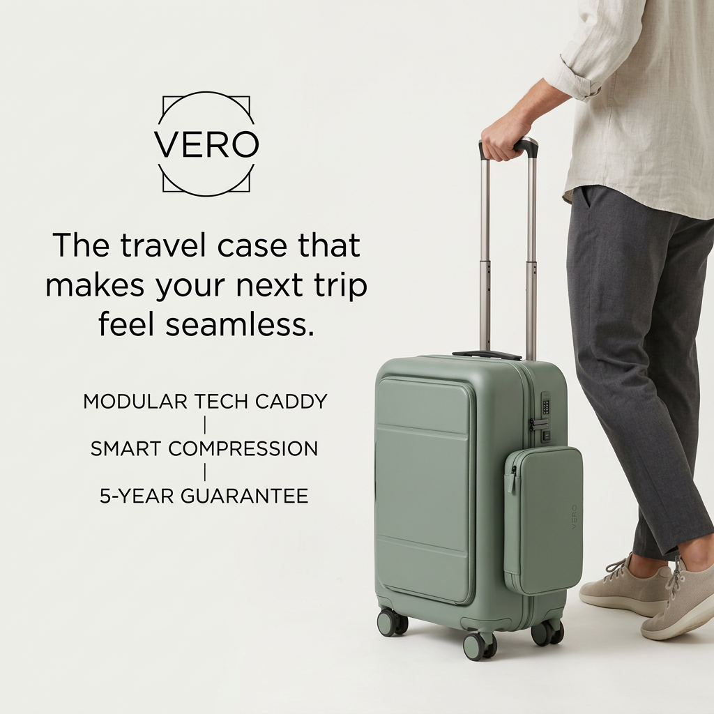 Man in linen shirt pulling a sage green carry-on with detachable pouch next to Vero logo and three feature lines