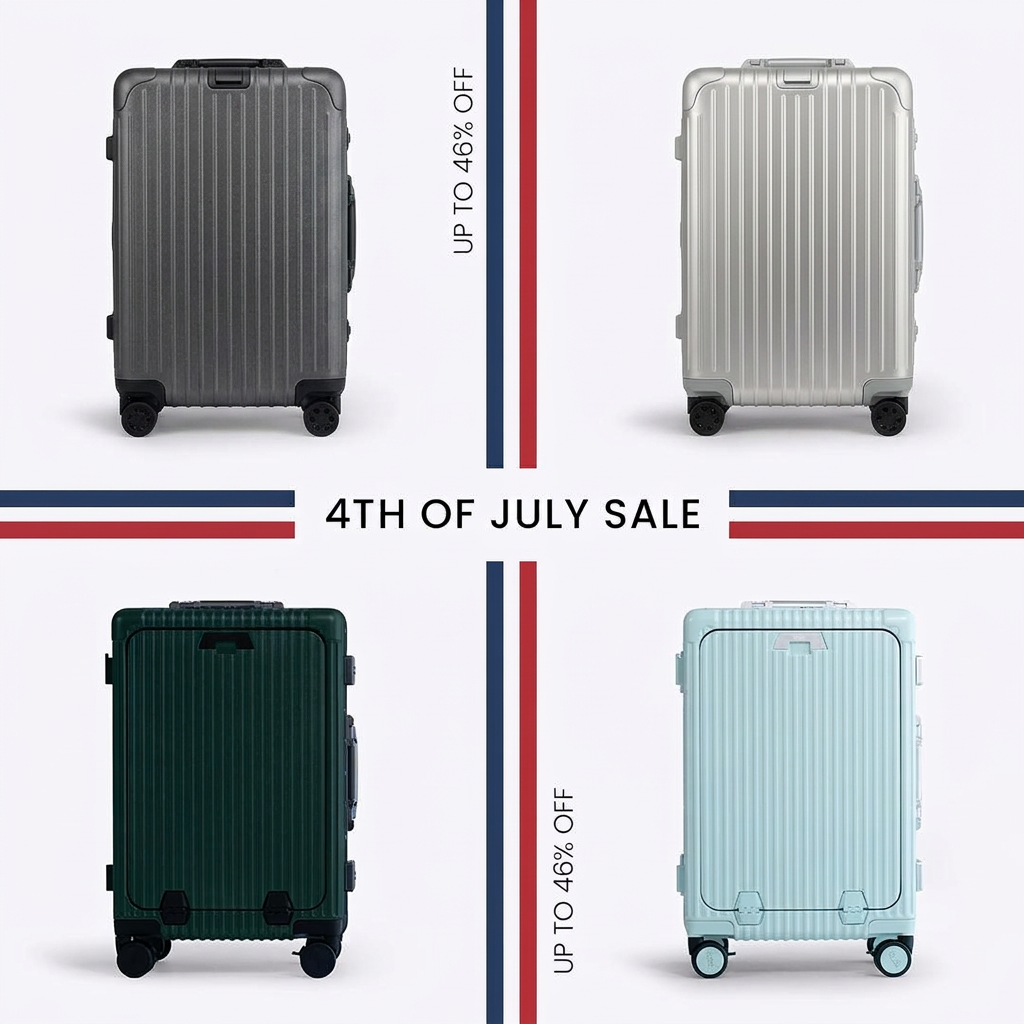 Four aluminum carry-on suitcases in grey, silver, green and mint around a red, white and blue 4th of July sale banner