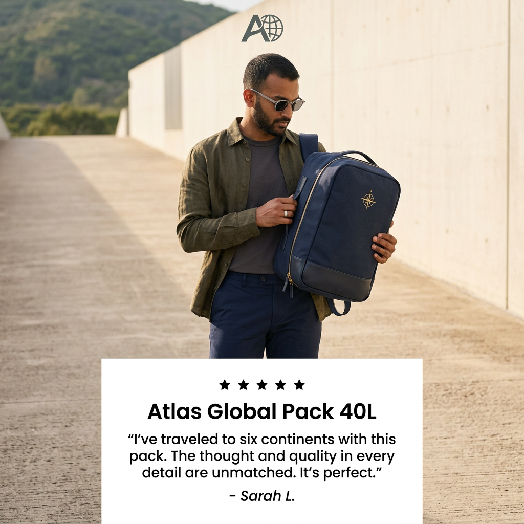 Man in sunglasses holding a navy travel backpack outdoors above a white card with five stars and a customer review