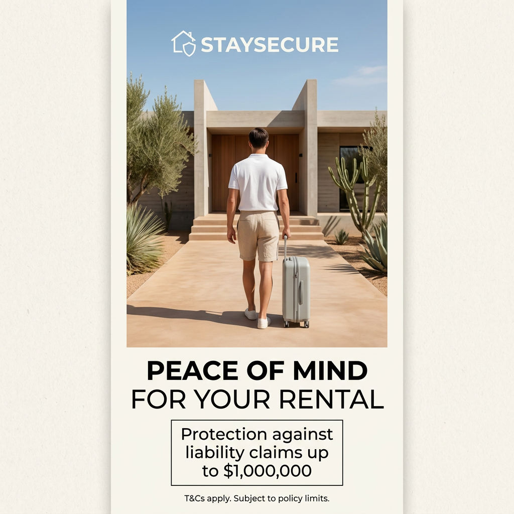 Man with suitcase walking to a modern desert rental home under StaySecure logo and peace of mind headline