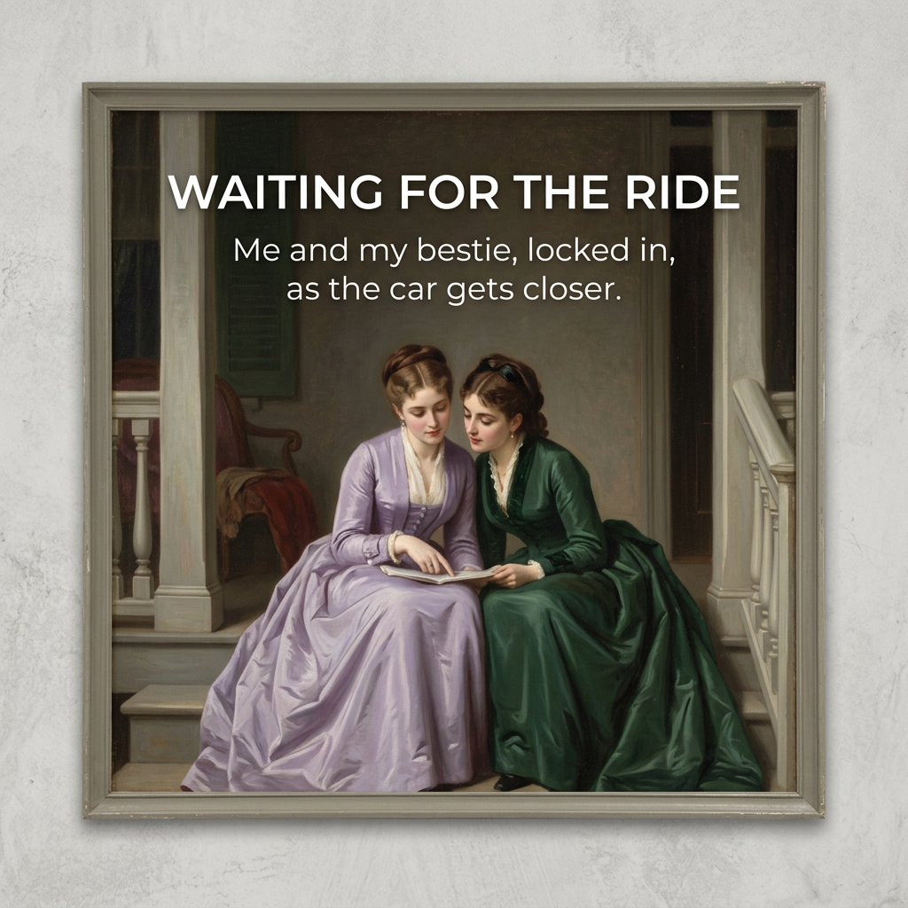 Classic-style painting of two women in lilac and green gowns reading on steps with meme caption Waiting for the ride