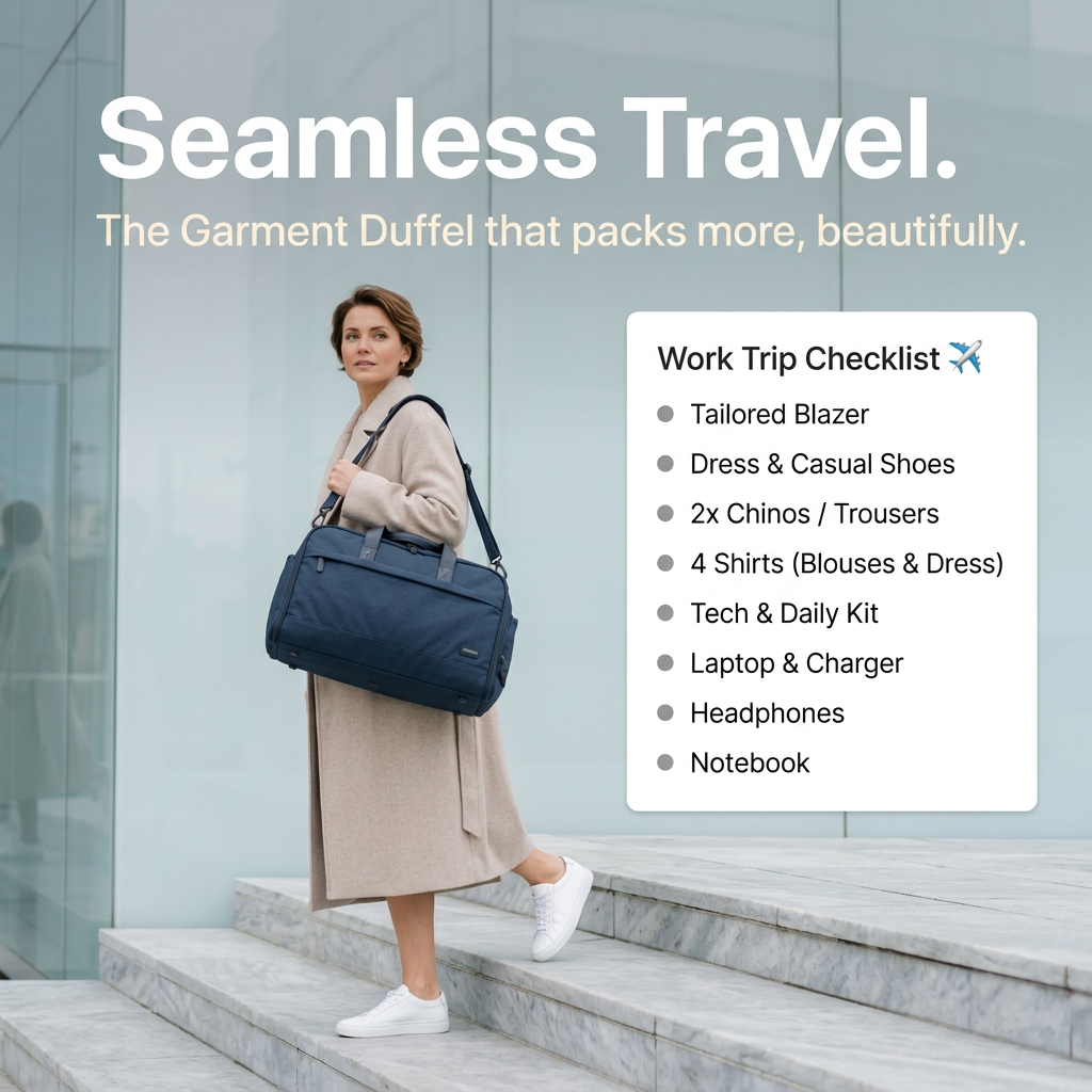 Woman in beige coat carrying a navy duffel on marble steps next to a white Work Trip Checklist card