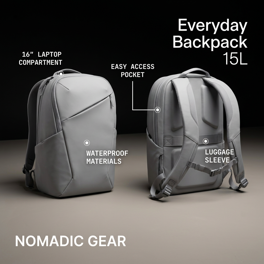 Two light grey backpacks showing front and back on a dark studio background with four feature callouts