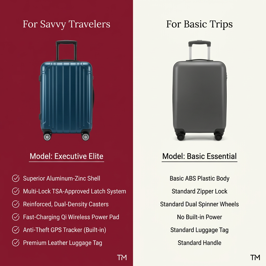 Split-screen ad: blue premium carry-on on red with six ticked features vs grey basic suitcase on white