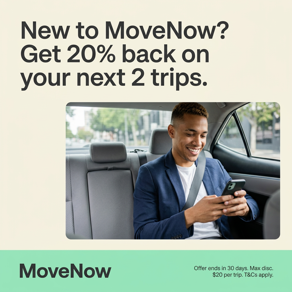 Smiling man in a blue blazer using his phone in a car back seat, with headline offering 20% back on next 2 trips