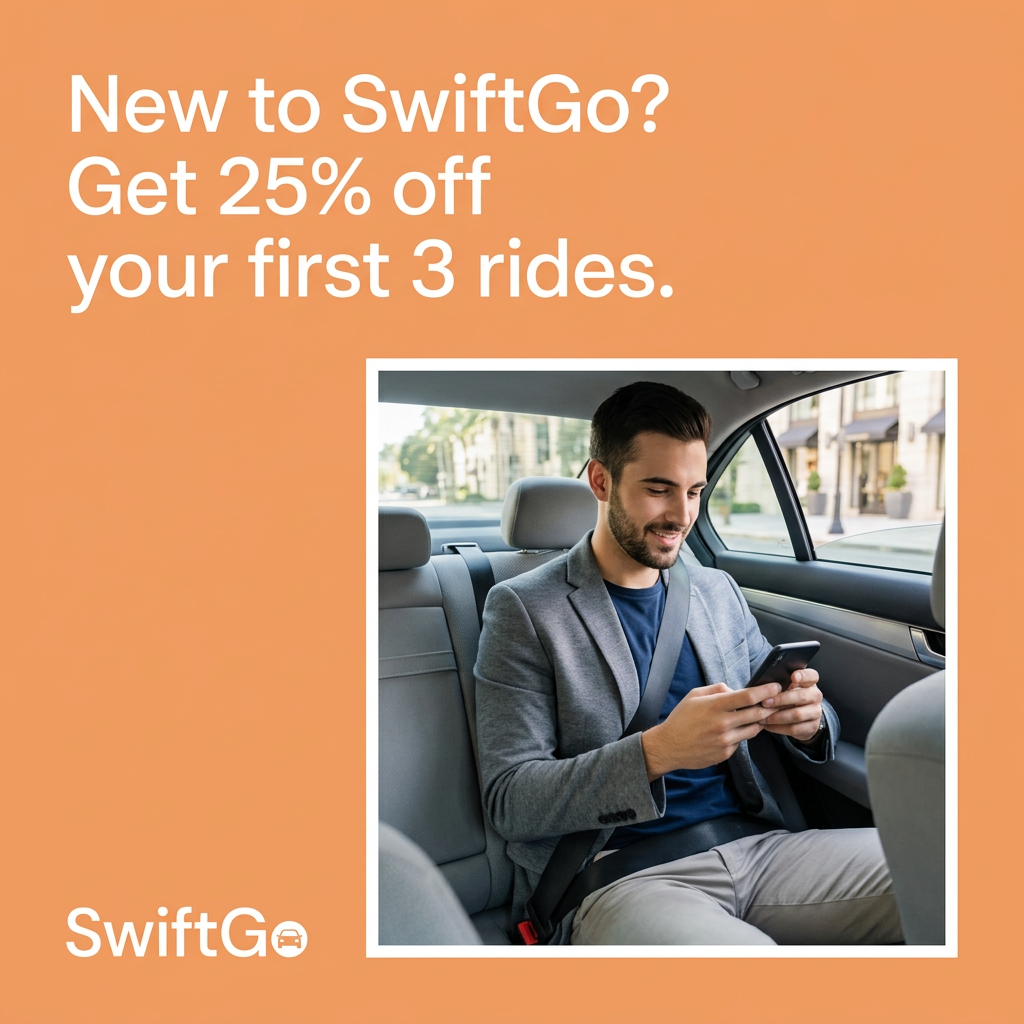 Orange ad with white text offering 25% off first 3 rides and a smiling man using his phone in a car back seat