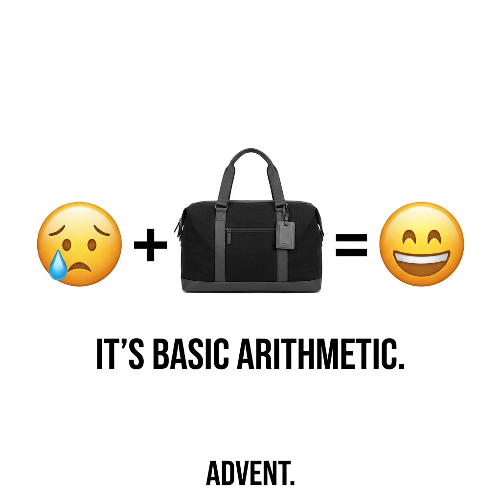 Emoji equation on white: crying face plus black duffel bag equals grinning face, with the text It's basic arithmetic