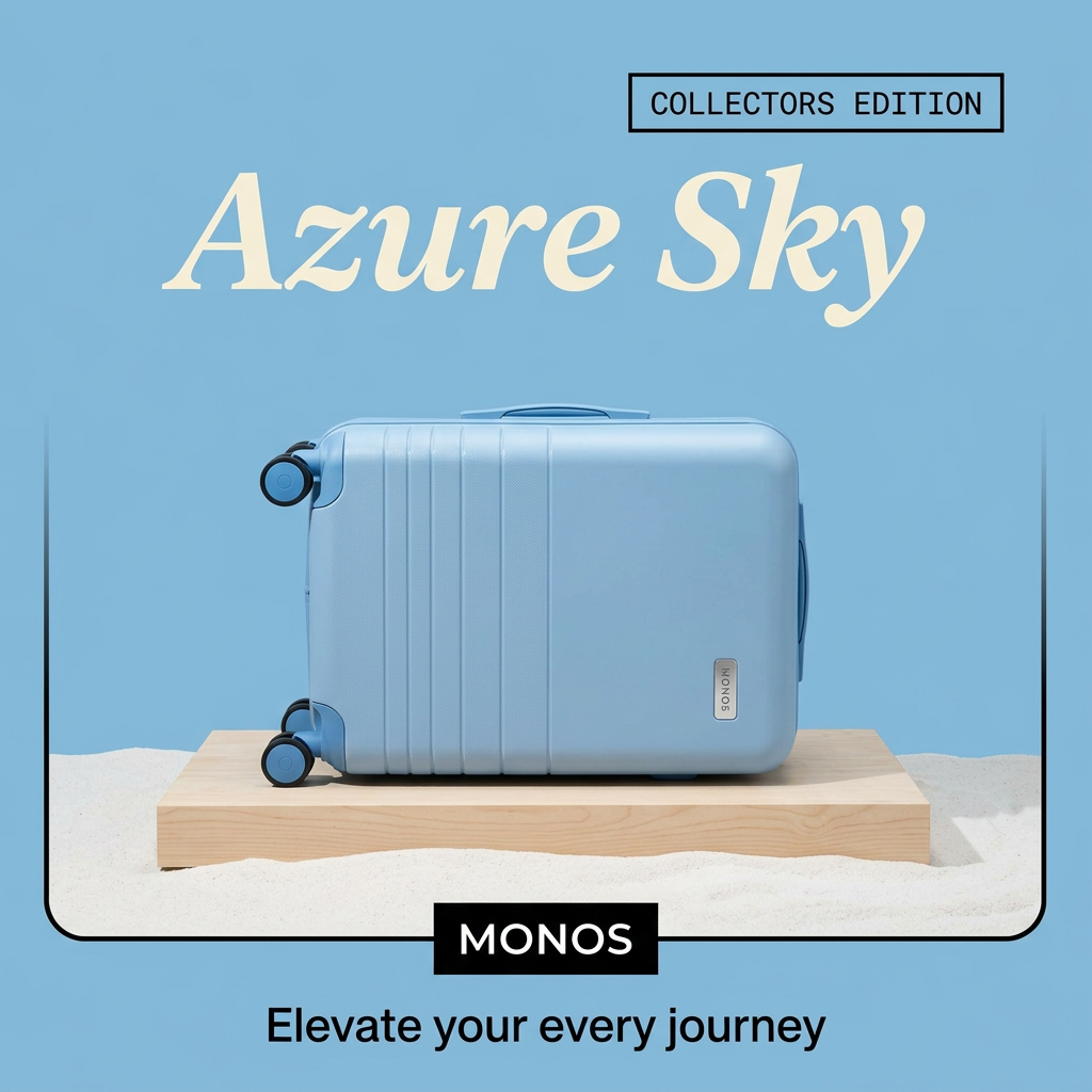 Light blue Monos carry-on suitcase on a wooden plinth in white sand, blue background, Azure Sky Collectors Edition text