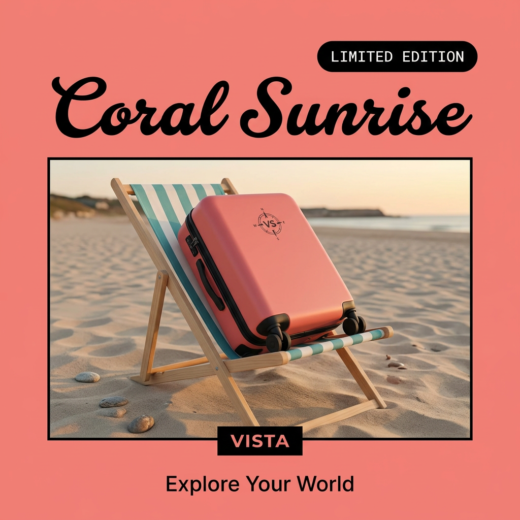 Coral suitcase leaning on a striped wooden beach chair on sand at sunset, coral background, Coral Sunrise Limited Edition