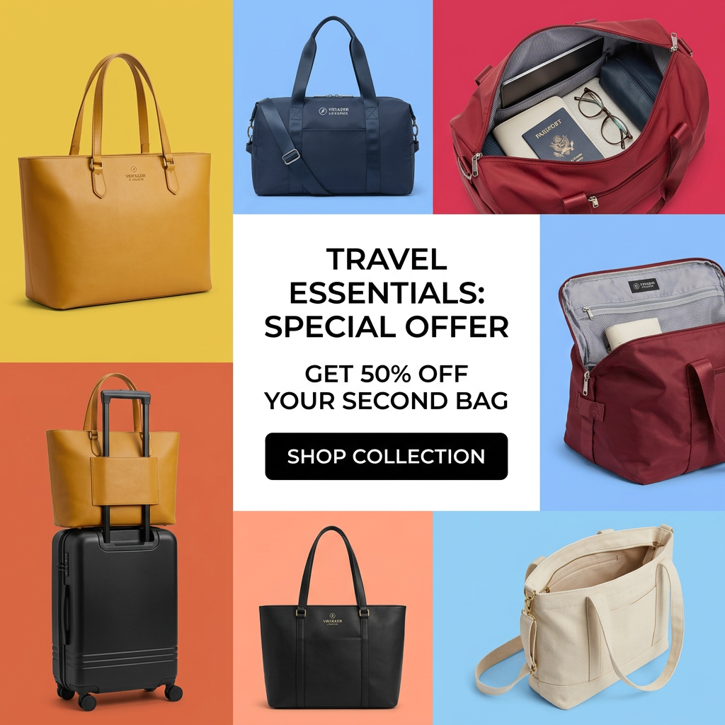 Color-block grid of totes, duffels and a carry-on around a white panel offering 50% off your second bag