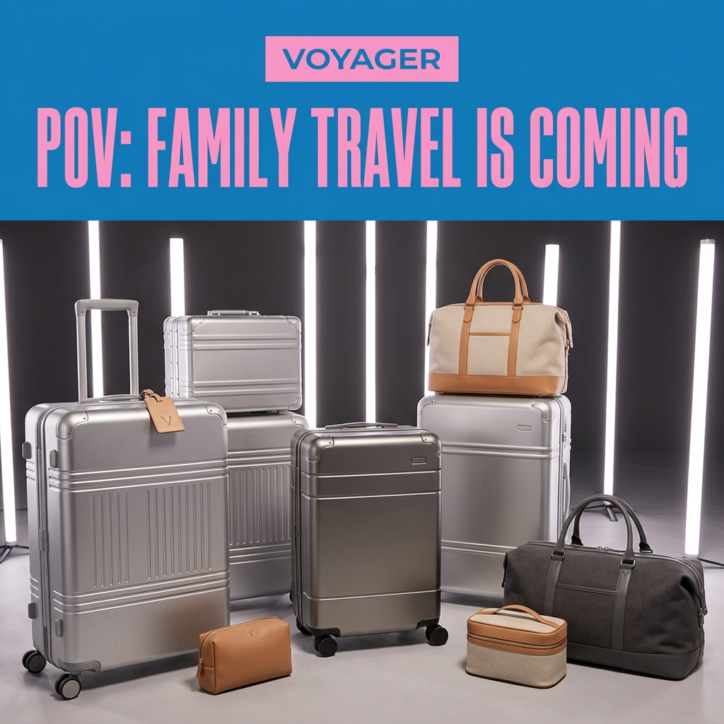 Silver aluminum suitcases, weekender bags and pouches in a studio, under a blue banner reading POV: Family travel is coming