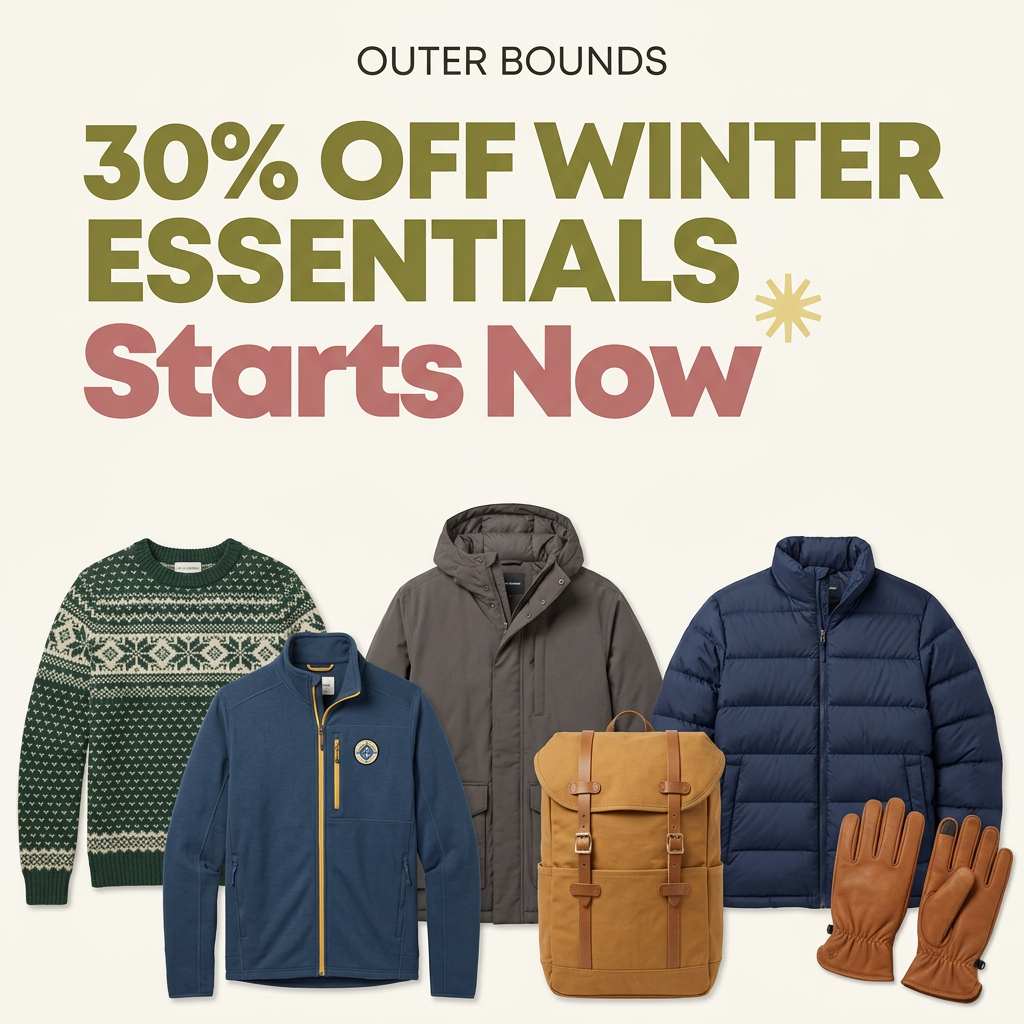 Fair isle sweater, fleece, parka, puffer, canvas backpack and leather gloves under a 30% off winter essentials headline