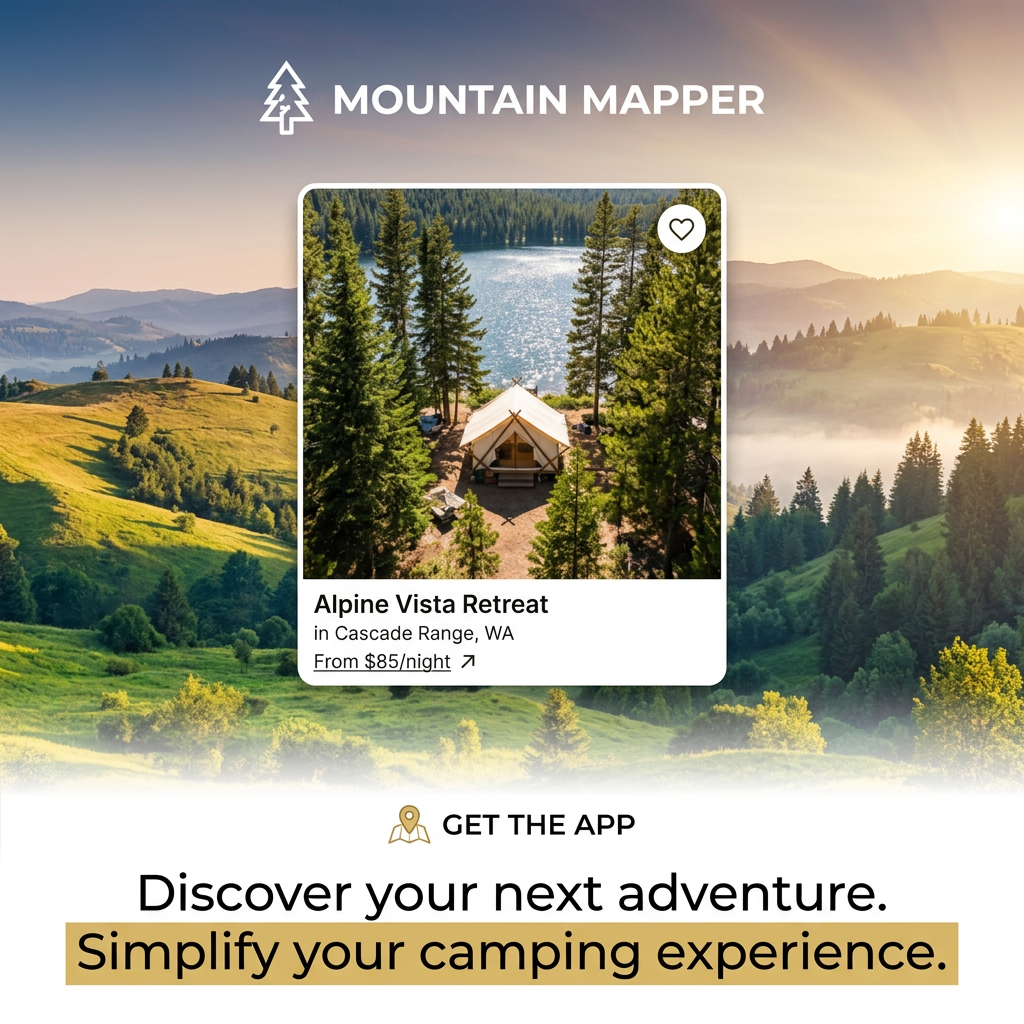 Camping app ad with a glamping tent listing card for Alpine Vista Retreat over a sunrise hill and forest landscape