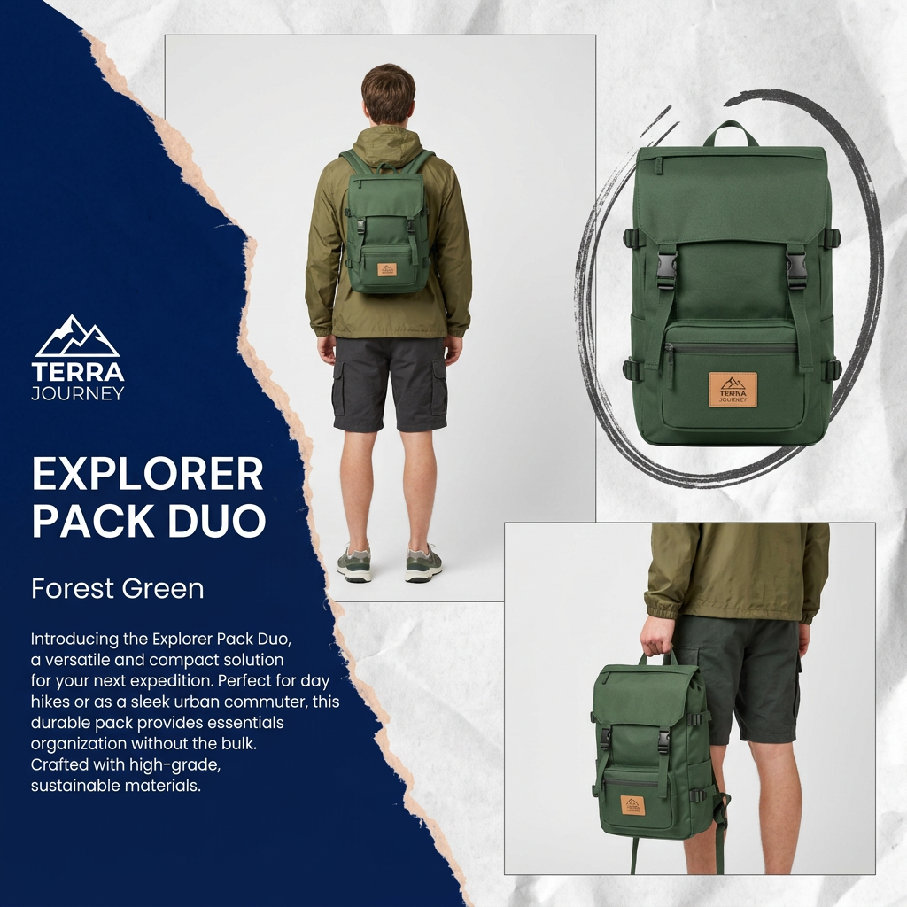 Green Explorer Pack Duo backpack shown on a model, as a studio packshot and carried by hand, beside a torn navy text panel