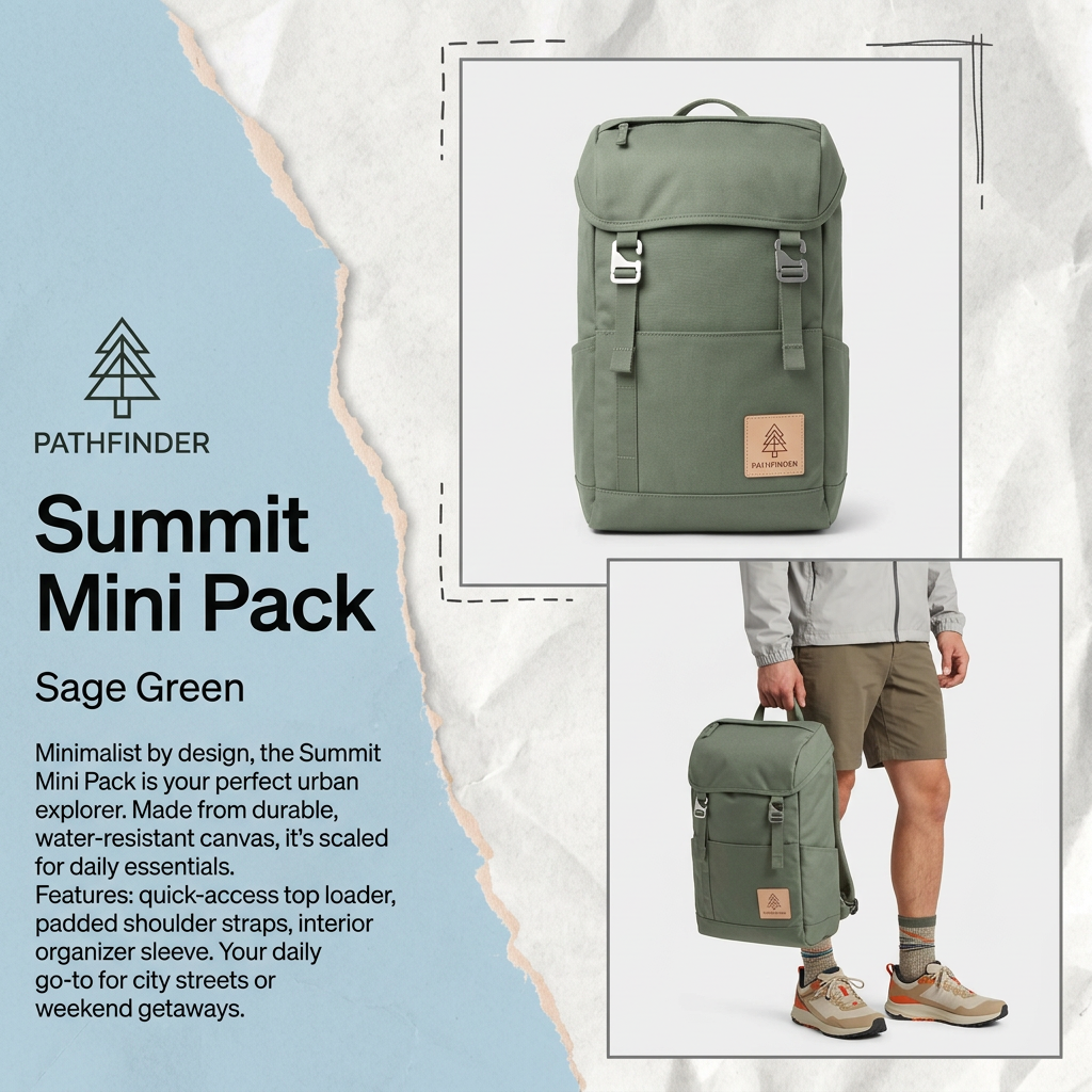 Sage green Summit Mini Pack backpack as a studio packshot and carried by hand, next to a light blue torn-paper text panel